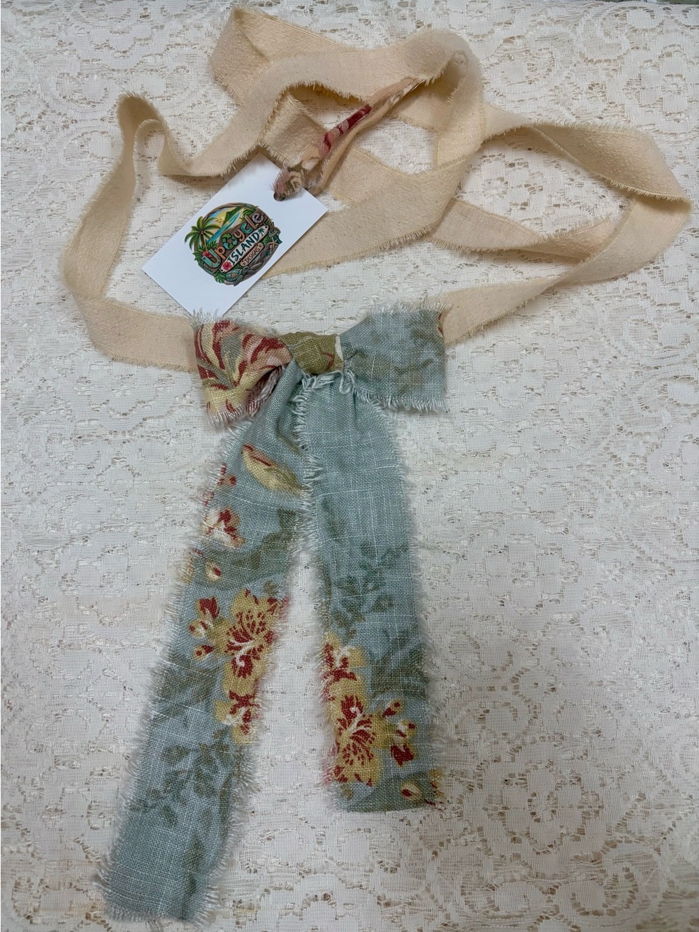 Upcycled Island  Floral Bow Scarf with Cream Tie Avant-garde Jabot